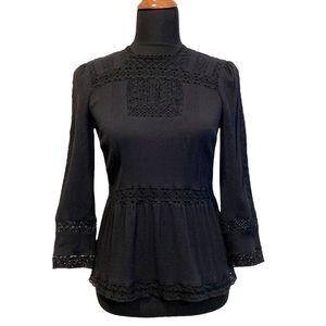 J. CREW POINT SUR BLACK LONG SLEEVE FITTED BLOUSE WITH LACE DETAIL SIZE 2